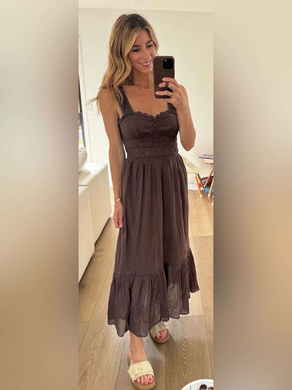 American Eagle brown cotton lace trim maxi dress M